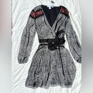 Diane Von Furstenberg Black and White Paisley Dress with Red Details